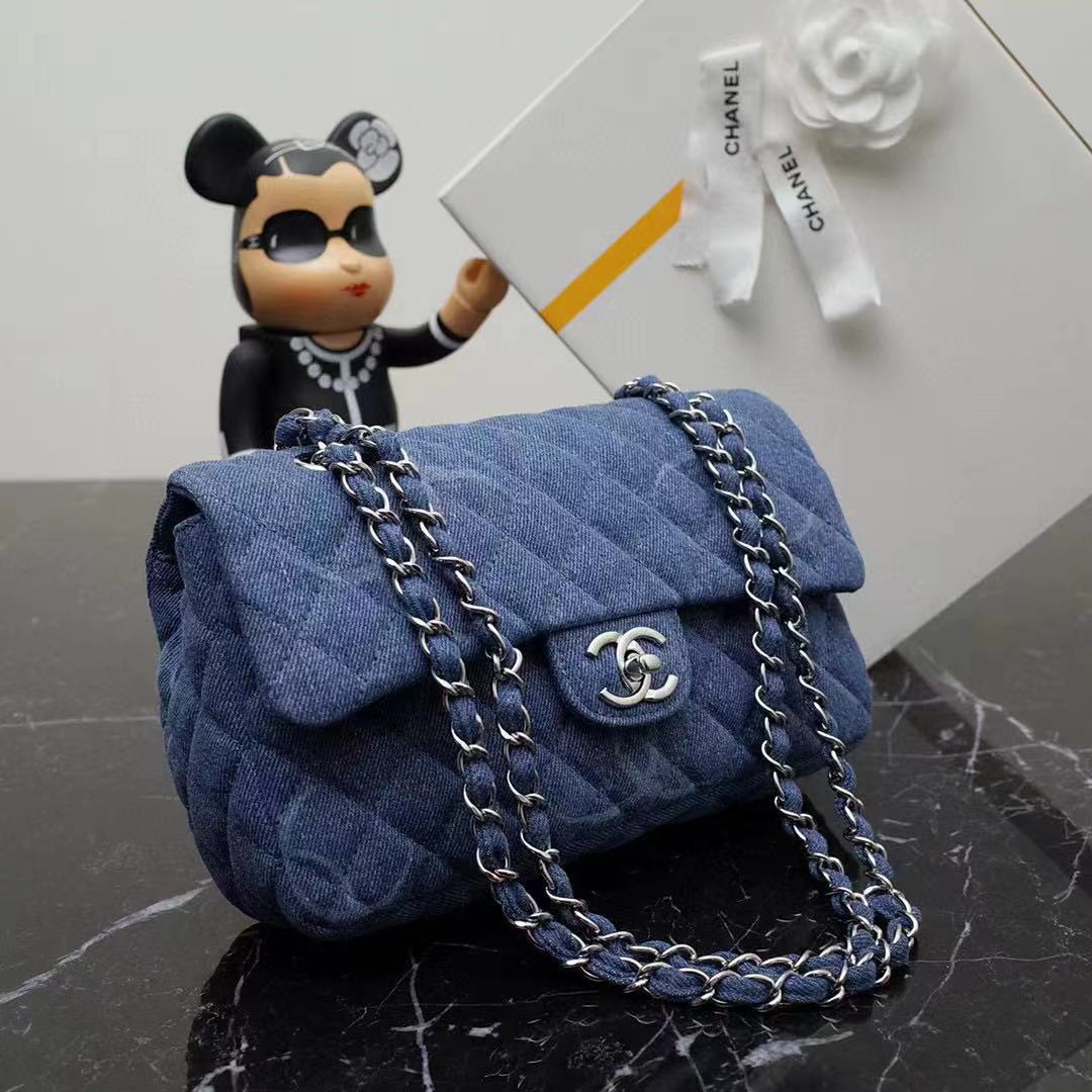 Chanel Women Small Flap Bag Printed Denim Gold-Tone Metal Blue