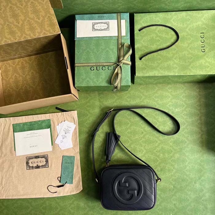 Gucci Women GG Blondie Small Shoulder Bag Blue Navy Leather Round Interlocking G