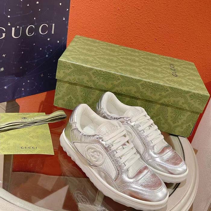 Gucci Unisex GG MAC80 Sneaker Metallic Silver Leather Fabric Round Toe Rubber Flat