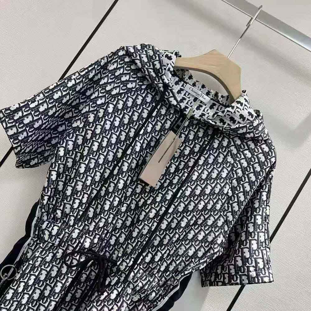 Dior Women Hooded Romper Blue Technical Taffeta Jacquard