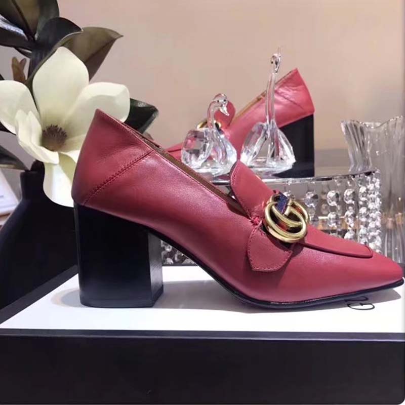 Gucci Women Leather Mid-Heel Loafer Shoes-Red
