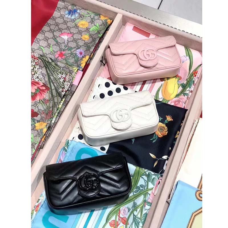 Gucci Women GG Marmont Belt Bag White Chevron Matelassé Leather Double G