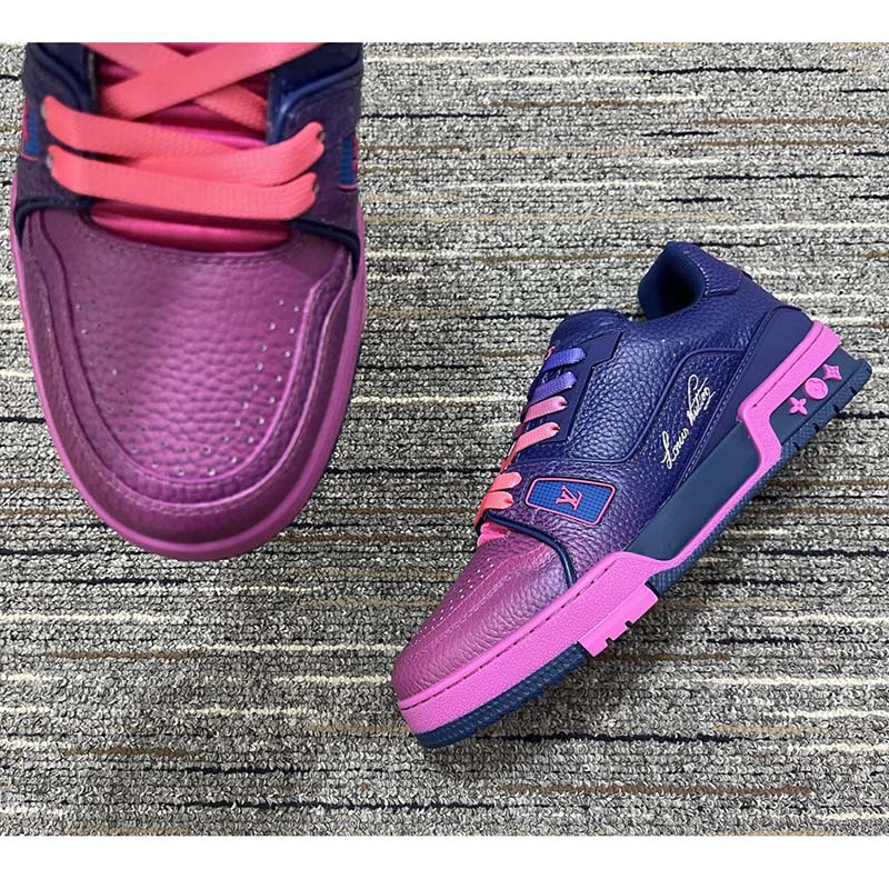 Louis Vuitton Unisex LV Trainer Sneaker Pink Grained Calf Leather Rubber Monogram Flowers