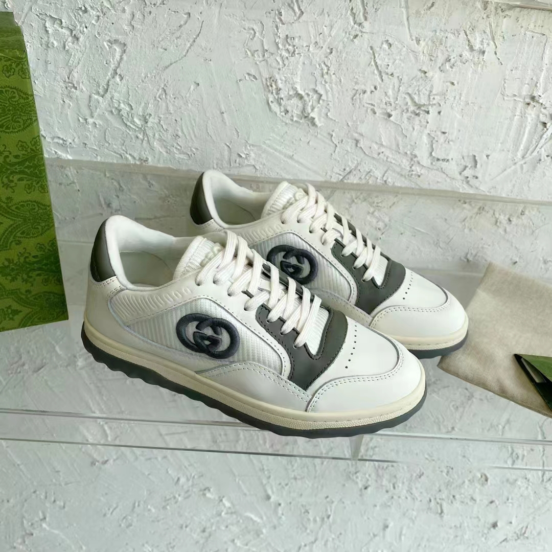 Gucci Unisex GG MAC80 Sneaker Off White Grey Leather Round Toe Rubber Flat