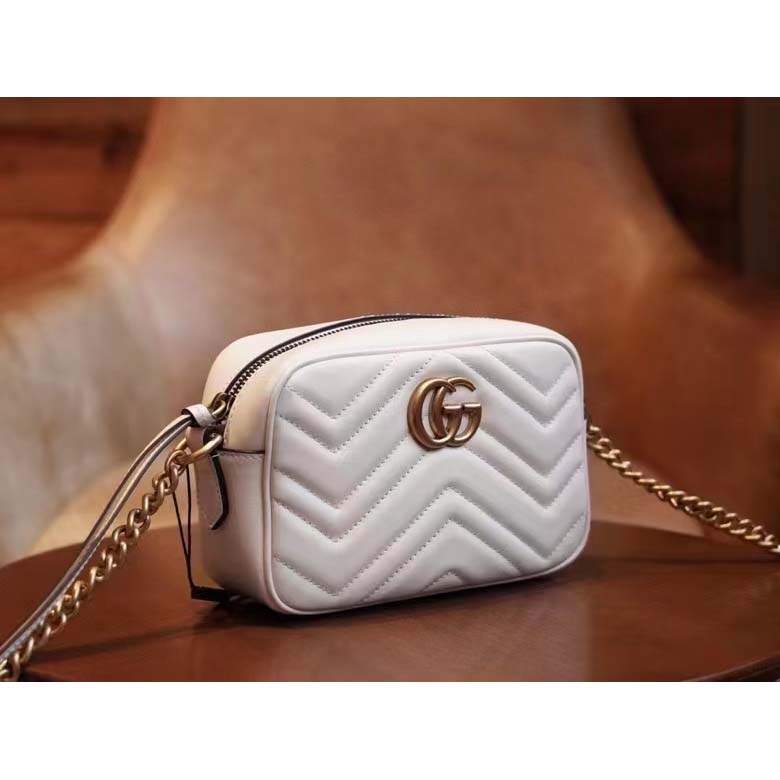 Gucci Women GG Marmont Matelassé Mini Bag White Matelassé Chevron Leather Double G