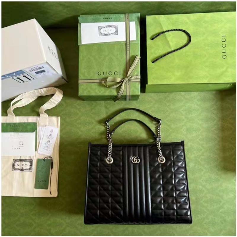 Gucci Unisex GG Marmont Medium Tote Bag Black Matelassé Leather Double G