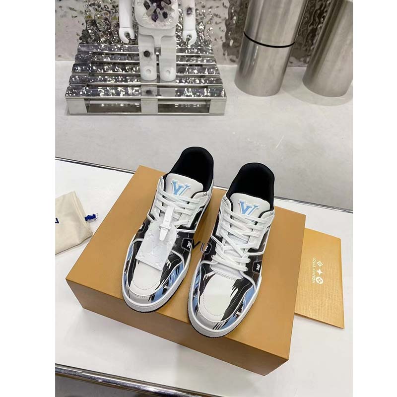 Louis Vuitton LV Unisex Trainer Sneaker Blue Printed Calf Leather Rubber Outsole