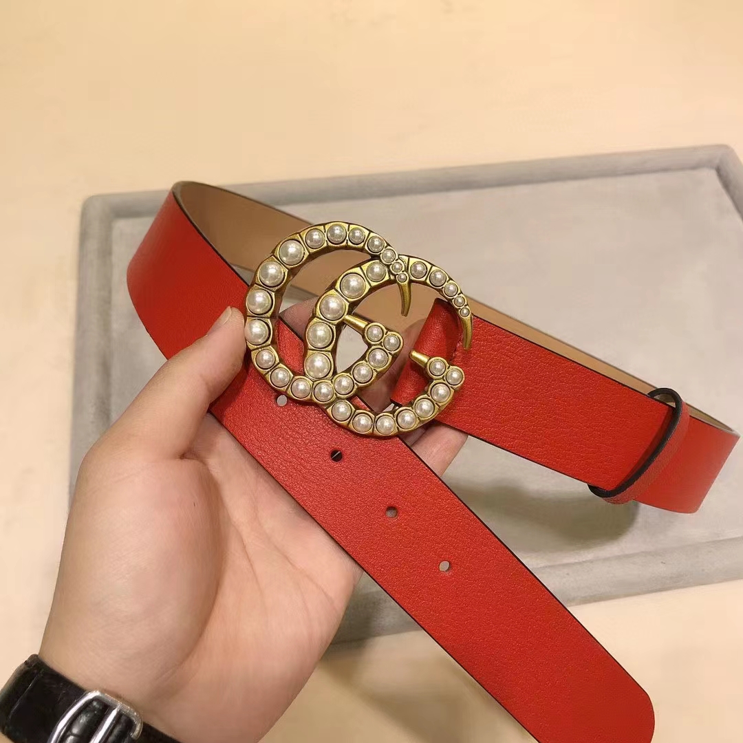 Gucci Unisex Leather Belt Pearl Double G Red 3.8 CM Width