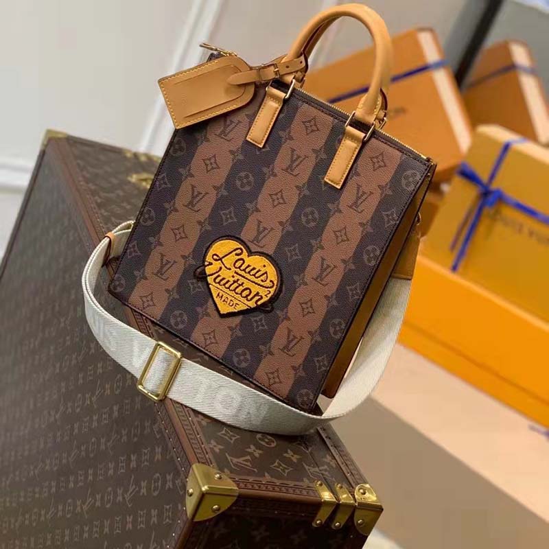 Louis Vuitton LV Unisex Sac Plat Cross Monogram Stripes Brown Coated Canvas