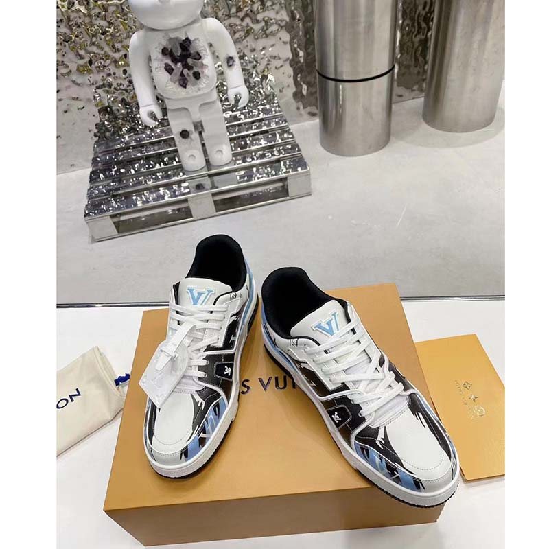 Louis Vuitton Unisex LV Trainer Sneaker Black Printed Calf Leather Rubber Monogram Flowers