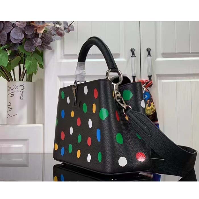 Louis Vuitton Women LV x YK Capucines MM Black Taurillon Bull Calf Leather 3D Painted Dots Print