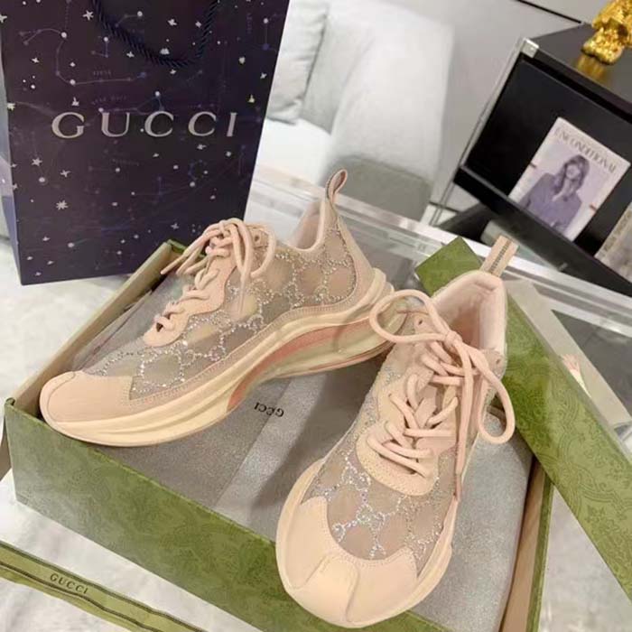 Gucci Women GG Gucci Run GG Crystal Mesh Sneaker Pink Suede Mid 6 CM Heel