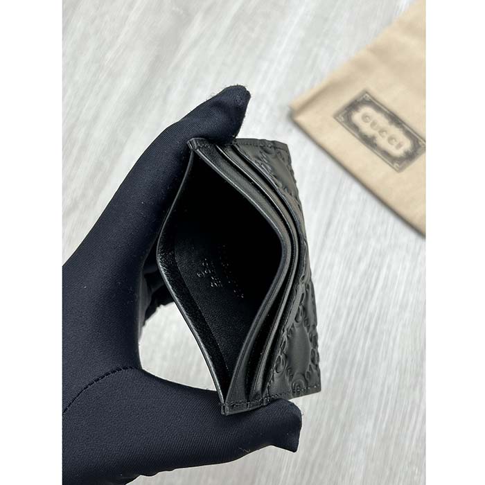 Gucci Unisex GG Gucci Signature Card Case Black Leather Metal Four Card Slots