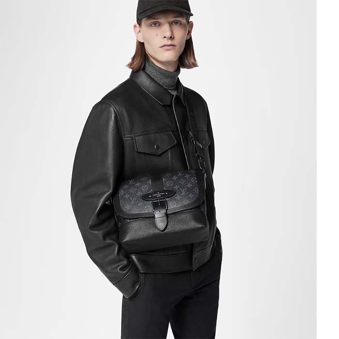 Louis Vuitton LV Unisex Saumur Messenger Monogram Eclipse Coated Canvas Black Leather