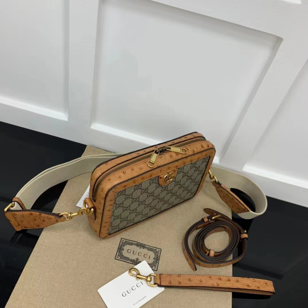 Gucci Unisex GG Python Shoulder Bag Double G Beige Ebony GG Supreme Canvas