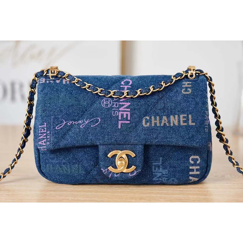 Chanel Women Small Flap Bag Printed Denim Gold-Tone Metal Blue Multicolor