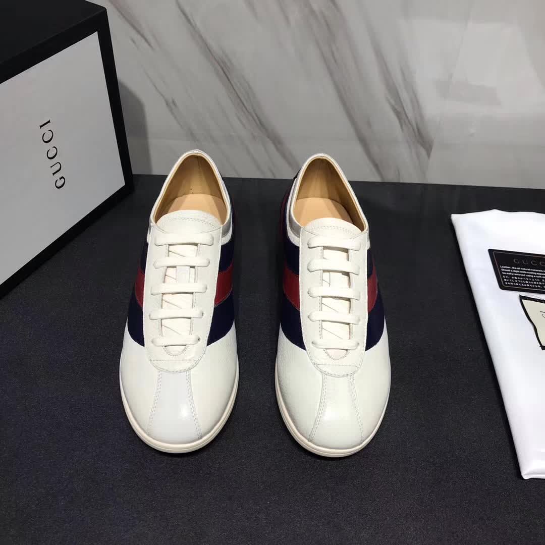 Gucci Men Leather Low-Top Sneaker Shoes with Web Stripe-White