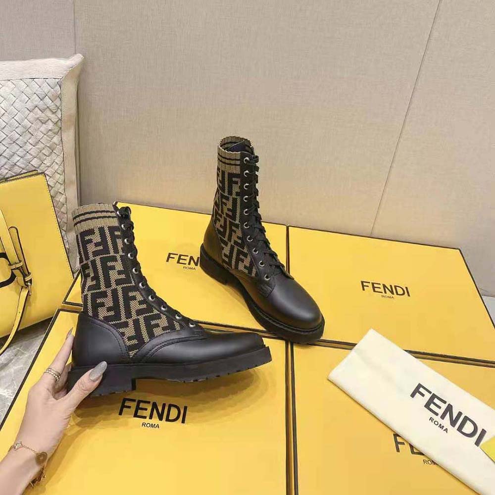Fendi Women Rockoko Black/Brown Leather Biker Boots with Stretch Fabric