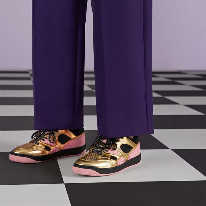 Gucci Unisex Basket Sneaker Gold Metallic Leather Pink Rubber Low 3.3 Cm Heel
