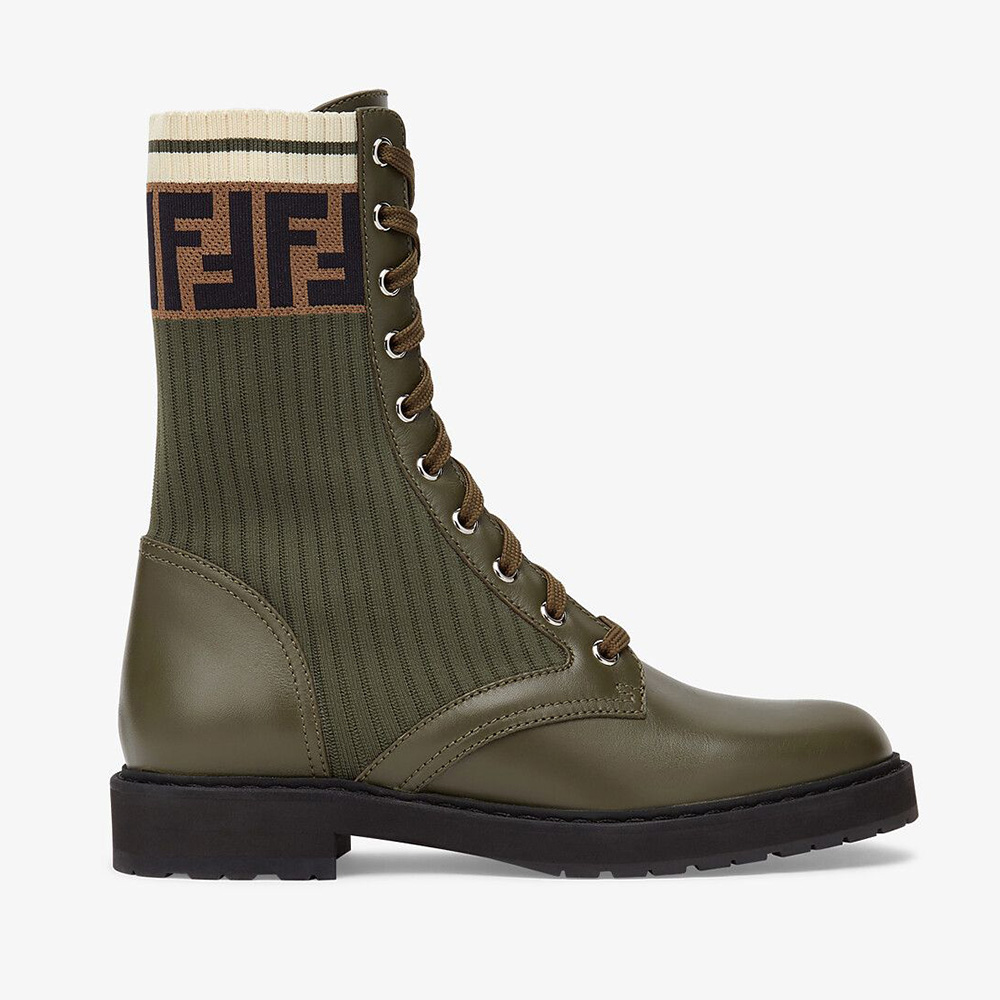 Fendi Women Rockoko Green Leather Biker Boots with Stretch Fabric