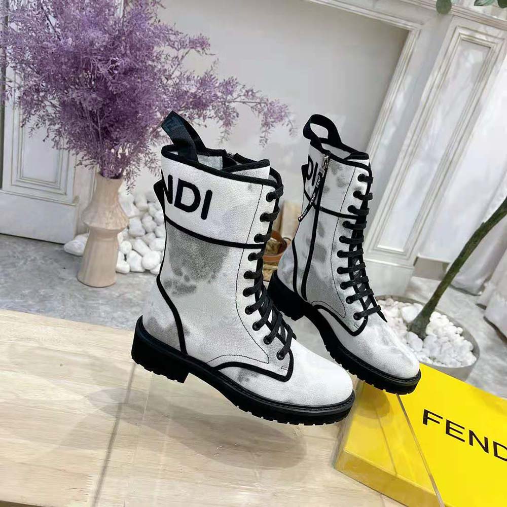 Fendi Women Signature Gray Canvas Biker Boots
