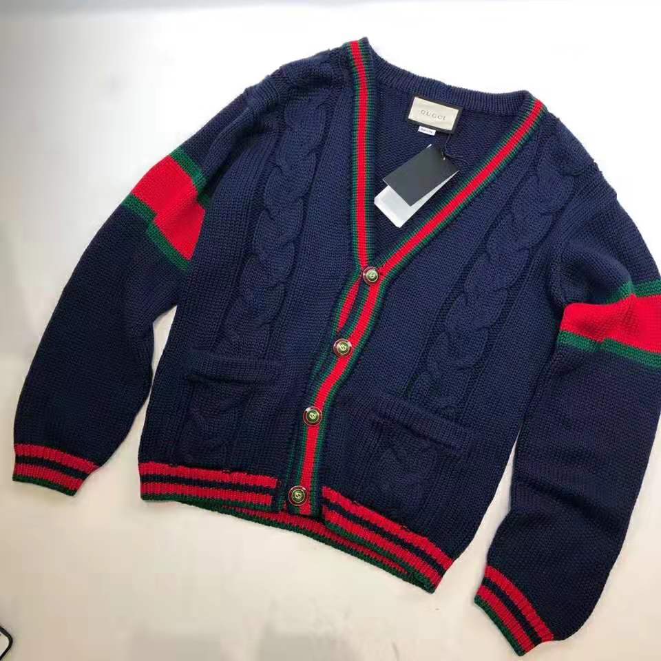 Gucci Men Oversize Cable Knit Cardigan Sweater-Navy