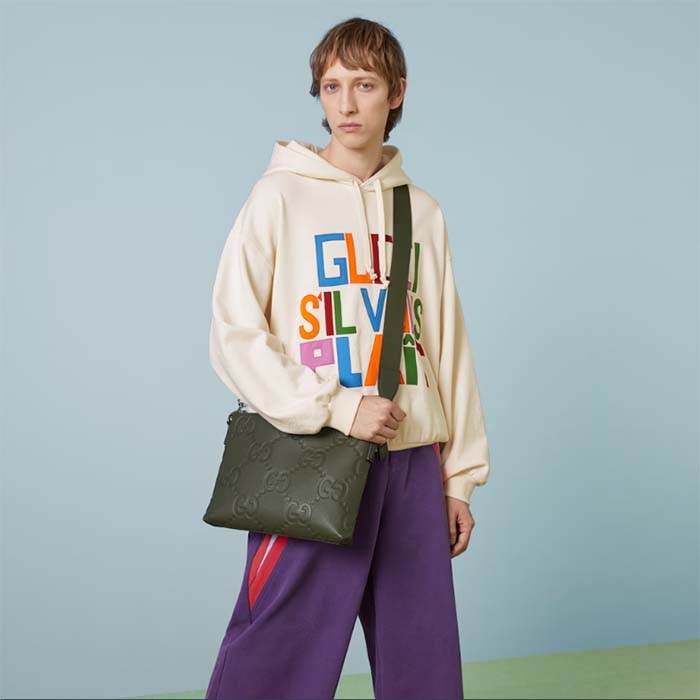 Gucci Unisex Jumbo GG Medium Messenger Bag Dark Green Leather Zip Closure