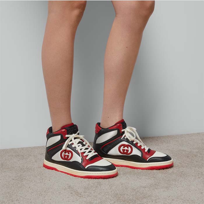 Gucci Unisex Mac80 High Top Sneaker Off Black Red Leather Round Toe Rubber Sole Flat