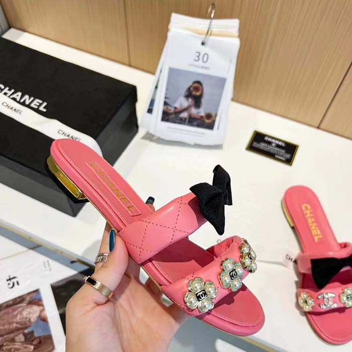 Chanel Women Mules Lambskin Pink Black 1.5 Cm Heel