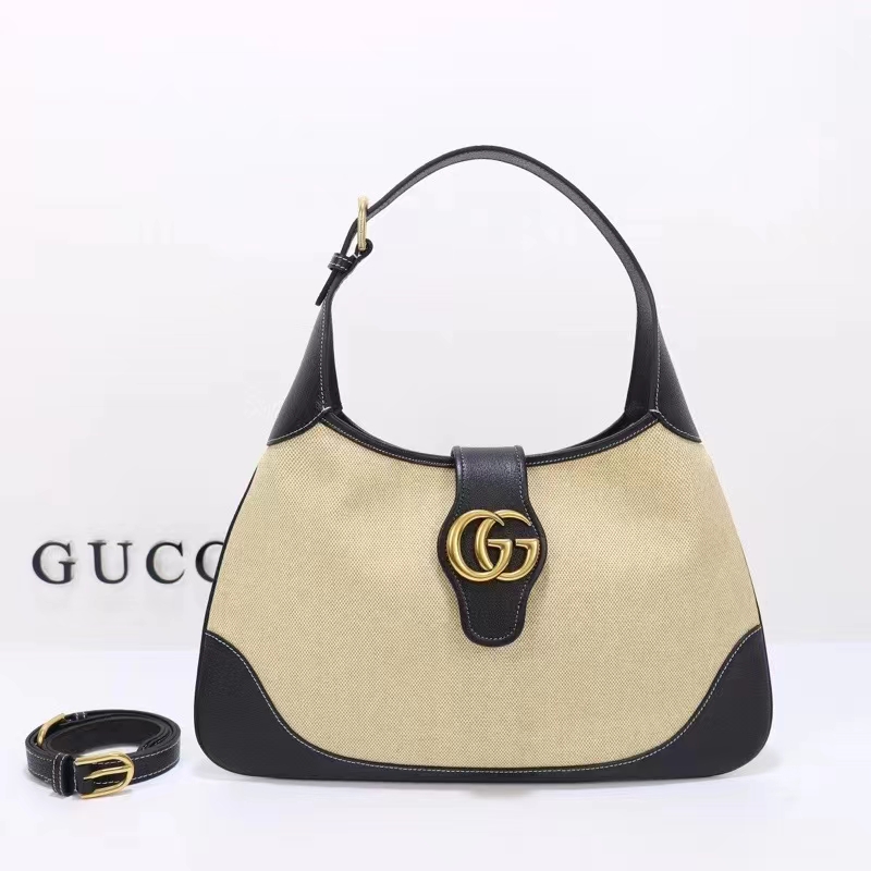 Gucci Women GG Aphrodite Large Shoulder Bag Beige Black Cotton Canvas Black Leather