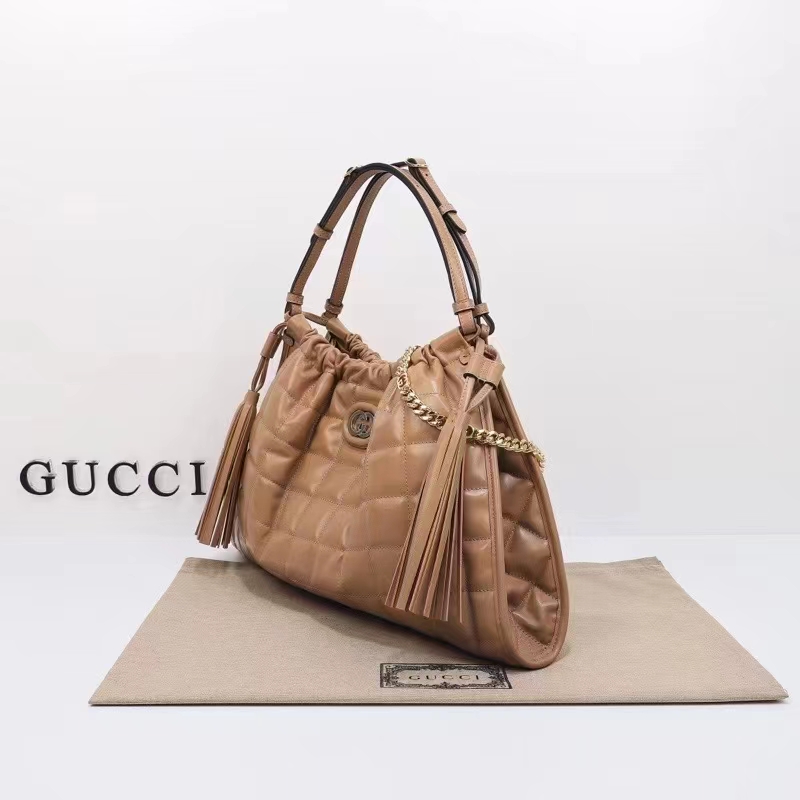 Gucci Unisex GG Deco Medium Tote Bag Rose Beige Quilted Leather Interlocking G