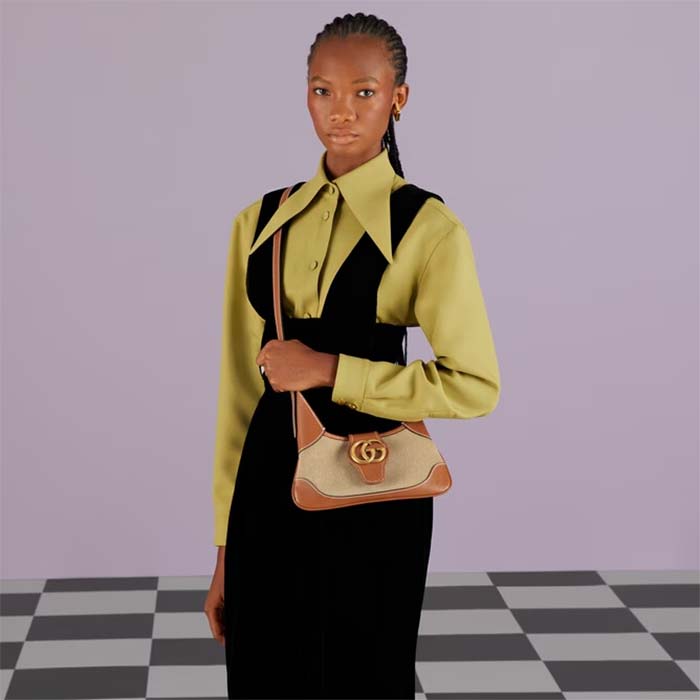 Gucci Women GG Aphrodite Small Shoulder Bag Beige Cotton Canvas Brown Leather