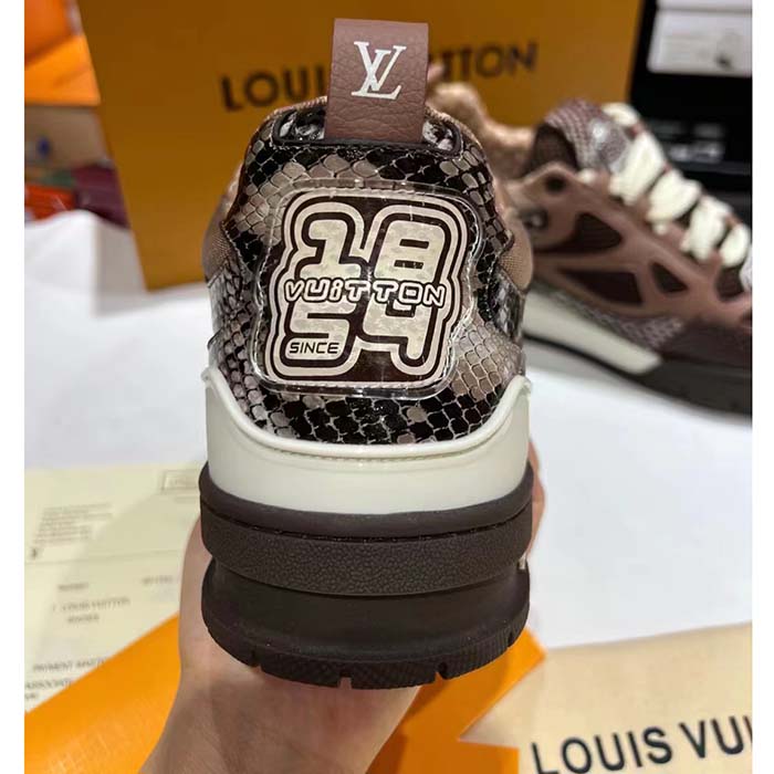 Louis Vuitton LV Unisex Skate Sneaker Brown Mesh Python-Like Embossed Leather Double Laces Rubber