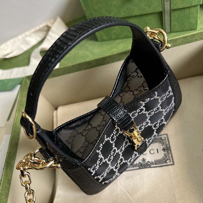 Gucci Women GG Jackie 1961 Mini Crystal GG Lizard Bag Black Mesh