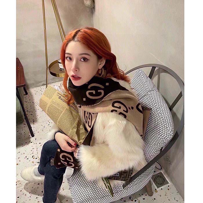 Gucci Unisex GG Jacquard Wool Silk Scarf Brown Beige GG Jacquard Wool Silk