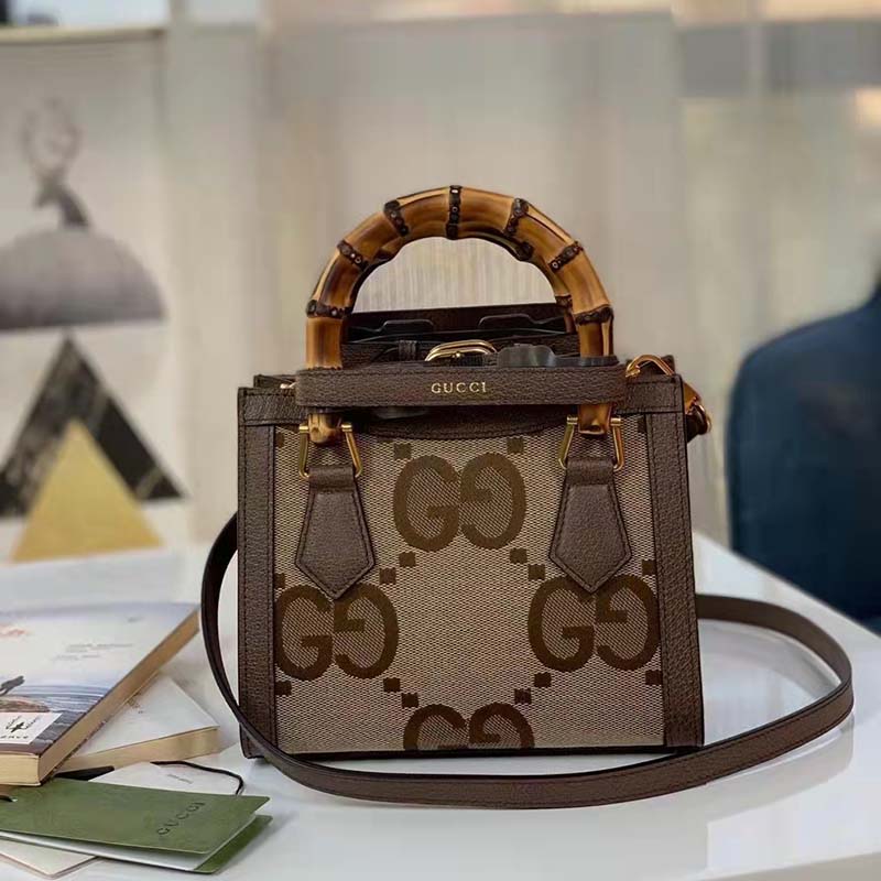 Gucci Unisex Diana Jumbo GG Mini Tote Bag Camel Ebony Jumbo GG Canvas