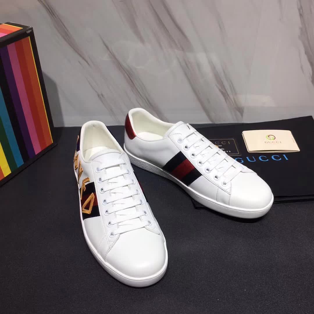 Gucci Unisex Ace Embroidered Leather Sneaker Shoes Style-White