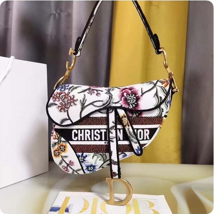 Dior Women CD Saddle Bag White Multicolor Dior Petites Fleurs Embroidery