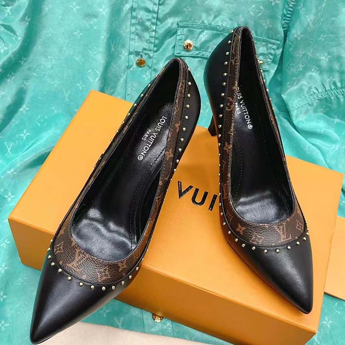 Louis Vuitton LV Women Signature Pump Black Calf Leather Patent Monogram Canvas 9.5 Cm Heel
