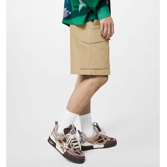 Louis Vuitton LV Unisex Skate Sneaker Brown Mesh Python-Like Embossed Leather Double Laces Rubber