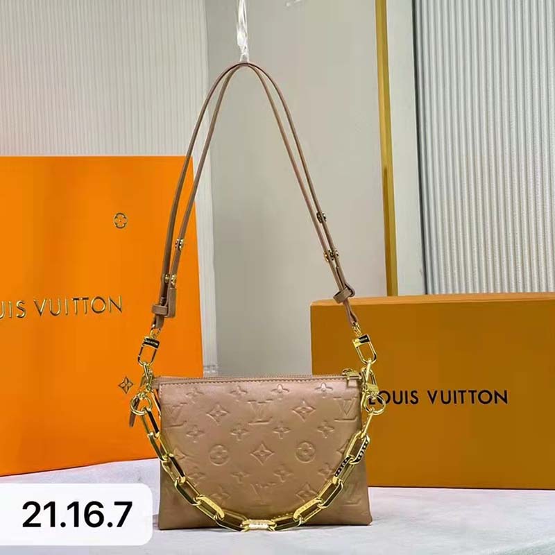 Louis Vuitton LV Unisex Coussin PM Camel Monogram-Embossed Puffy Lambskin Calfskin