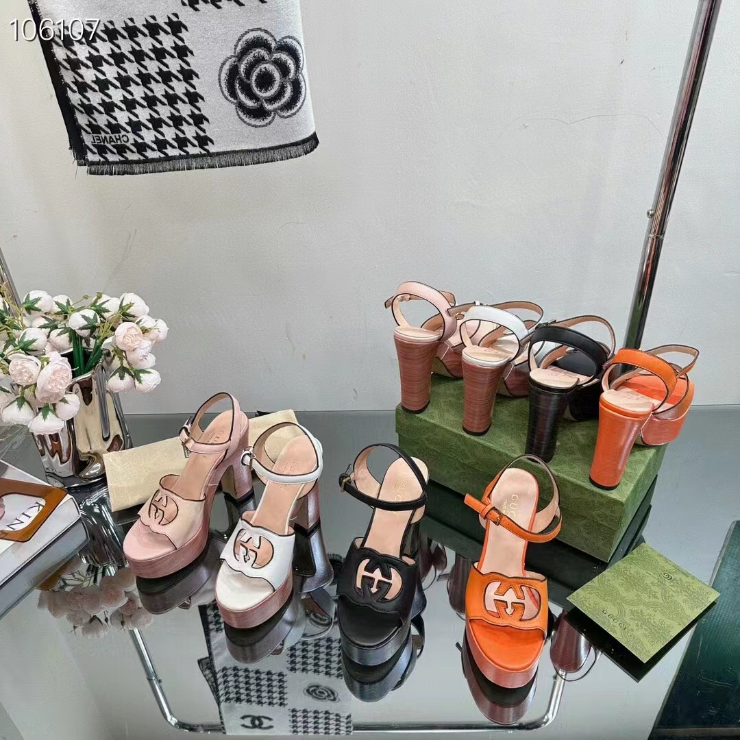 Gucci Women GG Interlocking G Sandal Black Leather Wooden High 12 CM Heel