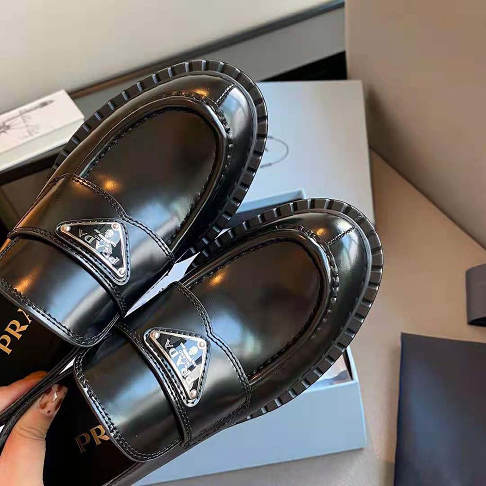 Prada Women Brushed Leather Loafers-Black