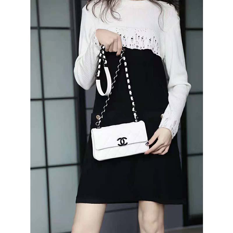 Chanel Women Small Flap Bag Grained Calfskin Lacquered Metal White Black