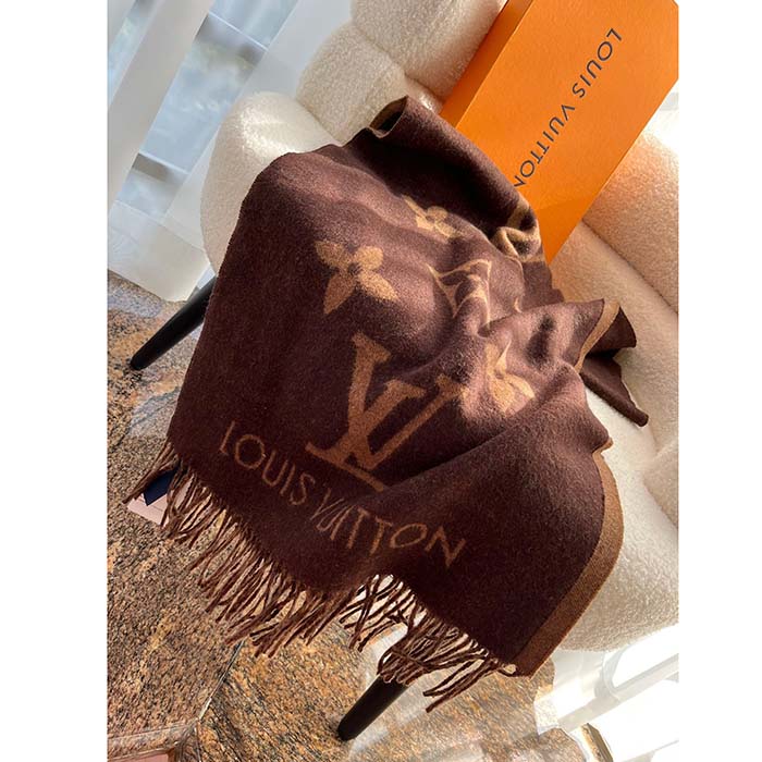 Louis Vuitton LV Unisex Reykjavik Scarf Dark Brown Cashmere Jacquard Weave Oversized Monogram