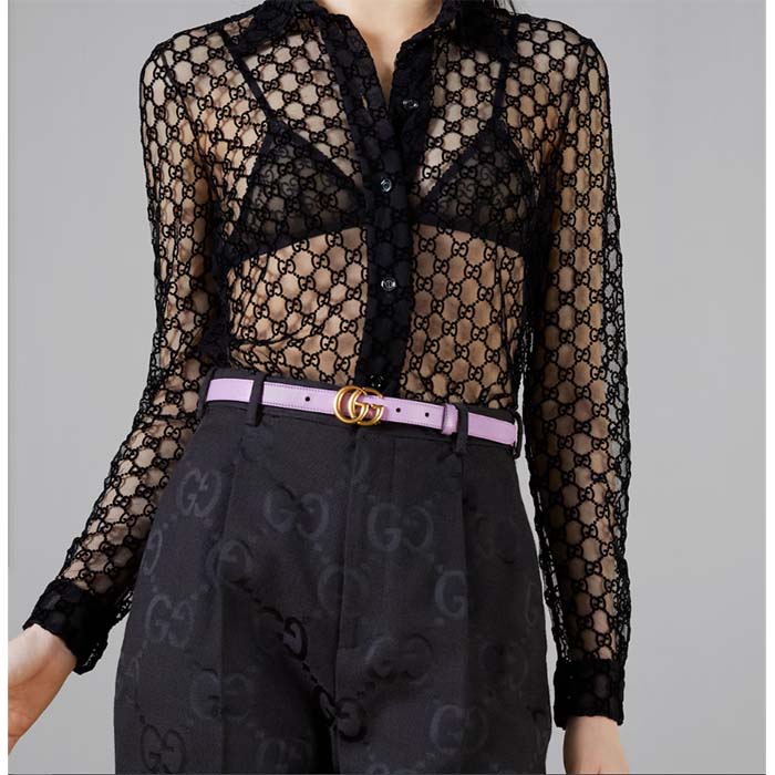 Gucci Unisex Marmont Reversible Thin Belt Beige Ebony GG Supreme Canvas Purple Leather