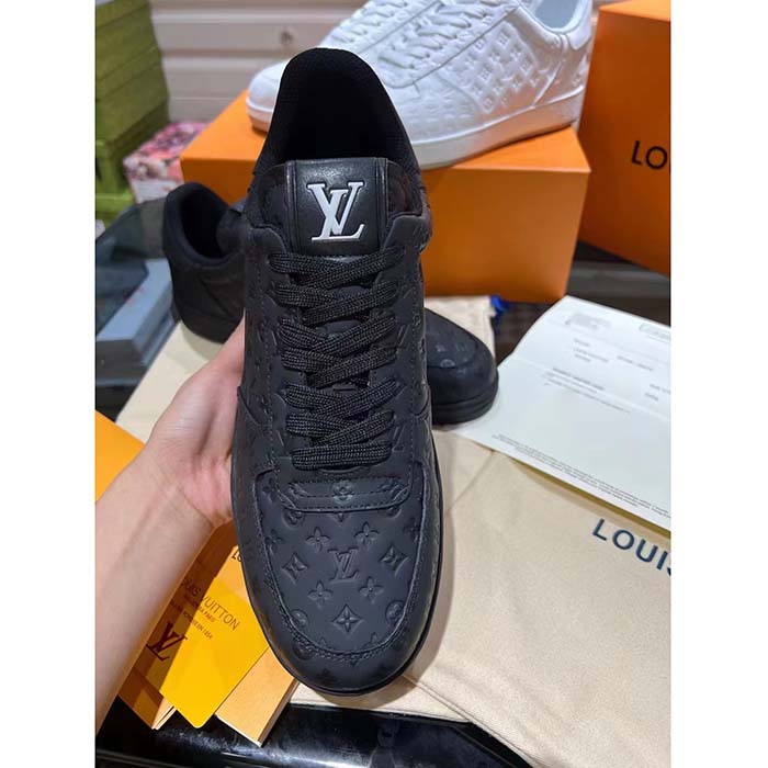 Louis Vuitton LV Unisex Rivoli Sneaker Black Mini Monogram Embossed Calf Leather Rubber