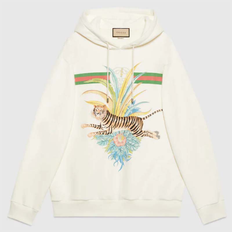 Gucci Men GG Tiger Hooded Sweatshirt Ivory Felted Cotton Jersey Fixed Hood