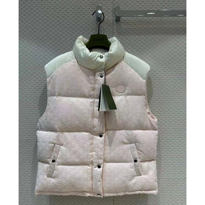 Gucci Women GG Cotton Canvas Padded Vest Pink Lined High Neck Sleeveless Two Side Pockets