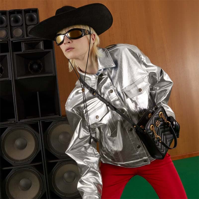 Gucci Women GG Marmont Matelassé Mini Bag Chevron Leather Double G Black